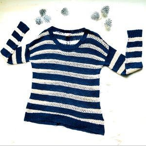 Love By Design Open Knit Striped 100% Cotton Button Up Back Sailor Sweater, M